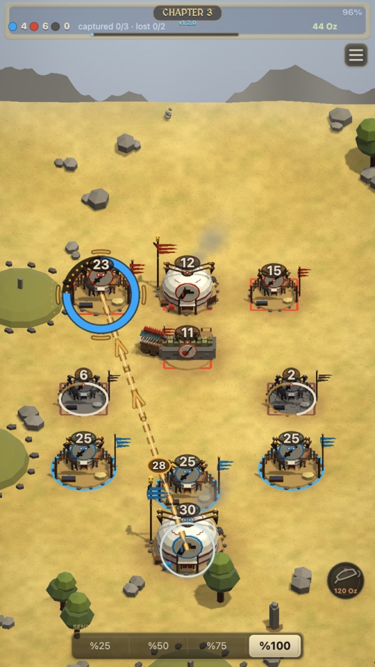 A drag command from a blue tower toward an enemy tower in chapter 3